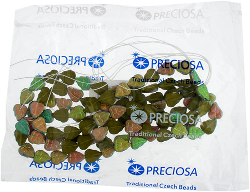 Glass Bead Leaves 10x8mm Green AB/Matte- Strung