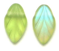 Glass Bead Leaves 11x7mm Olivine AB/Matte- Strung