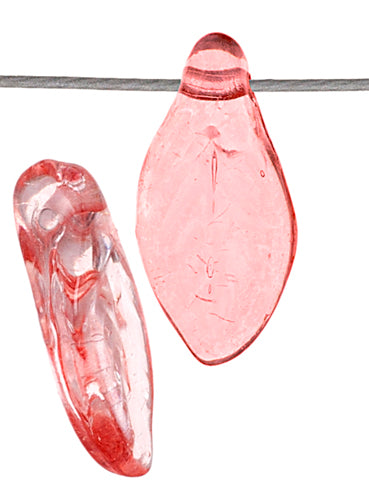 Glass Bead Leaf 6x12mm Crystal Pink Hole Side To Side Strung