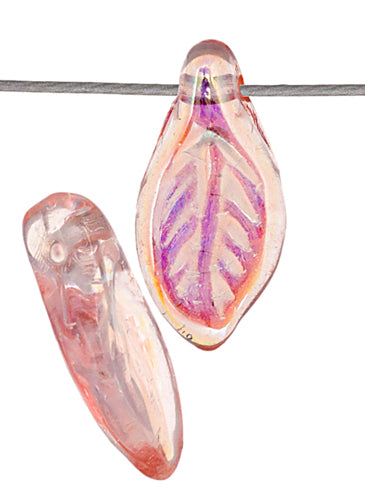 Glass Bead Leaf 6x12mm Crystal Pink AB Hole Side To Side Strung