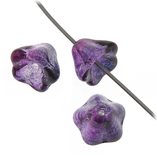 Glass Bead Flower Bell Button 6x8mm 2-Tone Purple Strung
