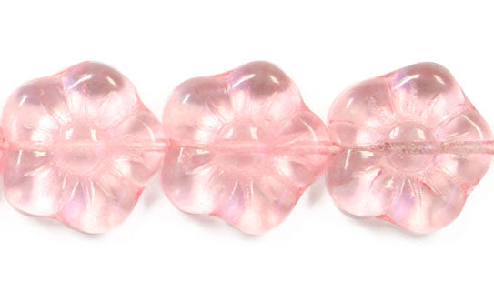 Glass Flower Bead 15mm Crystal/Pink Strung