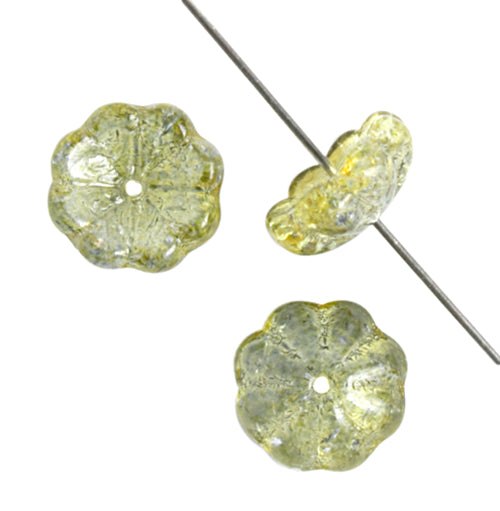 Glass Bead Flower 11mm Strung Center Hole Green/Yellow/Grey