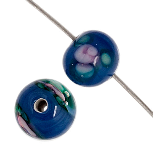 Glass Lamp Bead Round 6mm Opalescent Blue With Pink Roses