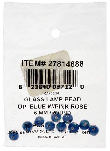 Glass Lamp Bead Round 6mm Opalescent Blue With Pink Roses