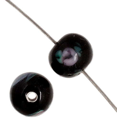 Glass Lamp Bead Round 6mm Opalescent Black With Pink Roses