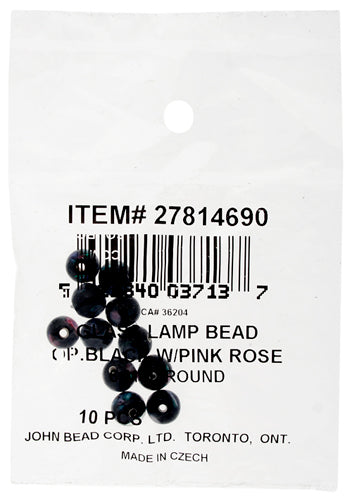 Glass Lamp Bead Round 6mm Opalescent Black With Pink Roses