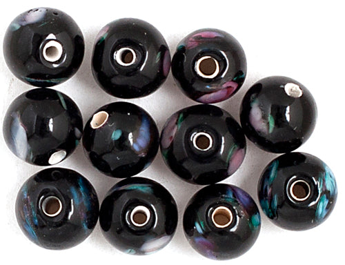 Glass Lamp Bead Round 6mm Opalescent Black With Pink Roses