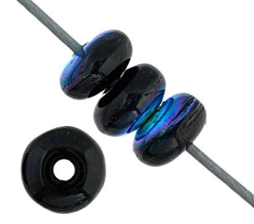 Glass Bead Round Flat 4mm Black Aurora Borealis - Strung