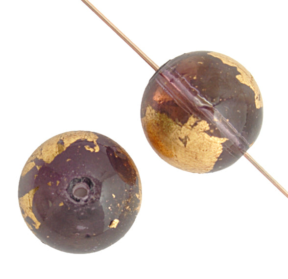 Glass Bead Round with Gold Leaf - 8" Strand