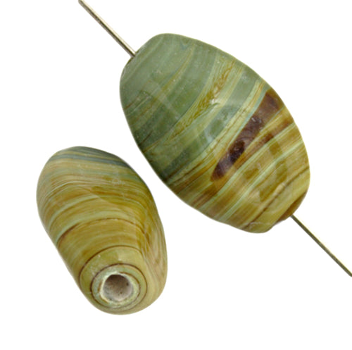 Glass Bead Oval 13x19mm 8in Strung (Approx.10pcs) Green Stripe