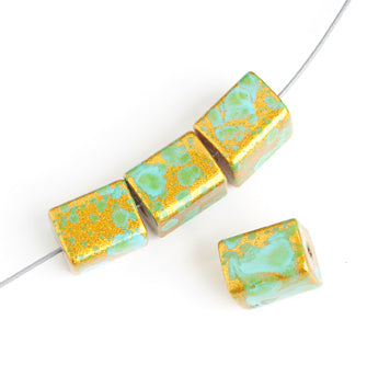 Glass Bead Square 8x10mm 8in Strung (Approx.20pcs) Turquoise Gold