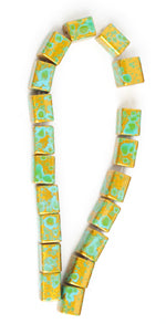 Glass Bead Square 8x10mm 8in Strung (Approx.20pcs) Turquoise Gold