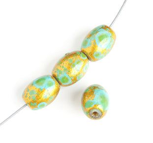 Glass Bead Oval 8x11mm 8in Strung (Approx.18pcs) Turquoise Gold