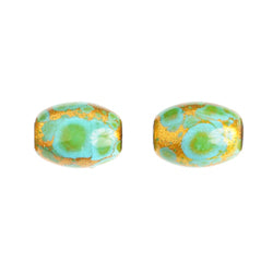 Glass Bead Oval 8x11mm 8in Strung (Approx.18pcs) Turquoise Gold