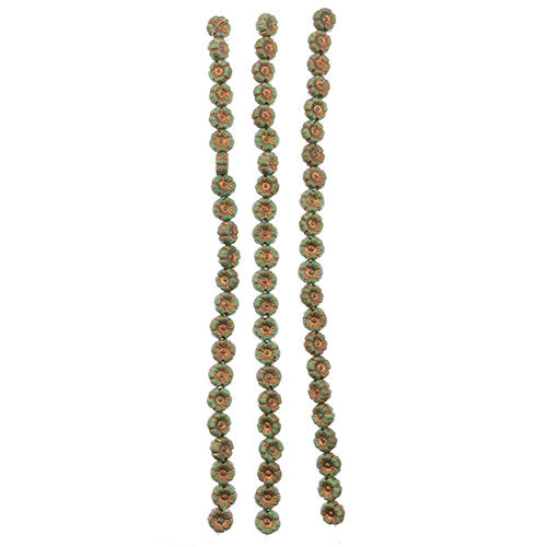 Czech Pressed Glass Flower Bead Strand 9mm Copper on Turquoise 22pc