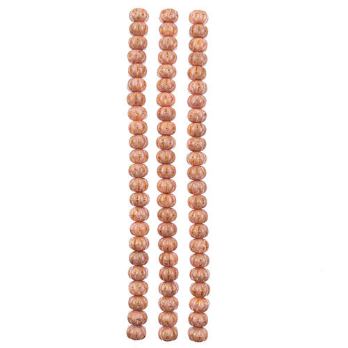 Czech Pressed Glass Pumpkin Bead Strand 8x11mm Pink Spotted on Alabaster White 23pc