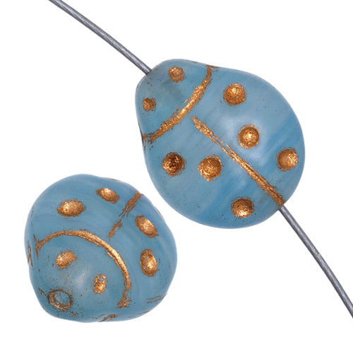 Glass Pressed Beads Coated 14x12mm Ladybug Light Blue/Gold