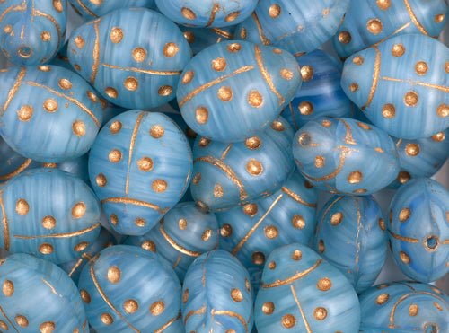 Glass Pressed Beads Coated 14x12mm Ladybug Light Blue/Gold