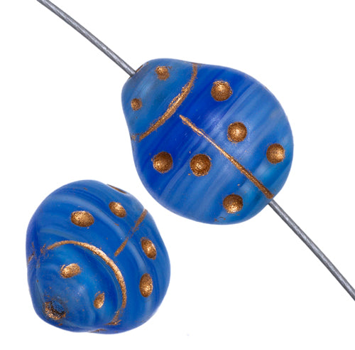 Glass Pressed Beads Coated 14x12mm Ladybug Blue Agate/Gold