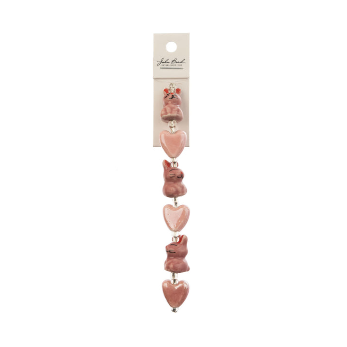 Ceramic Beads Rabbit Pink with Red Heart 13x21mm 3pcs