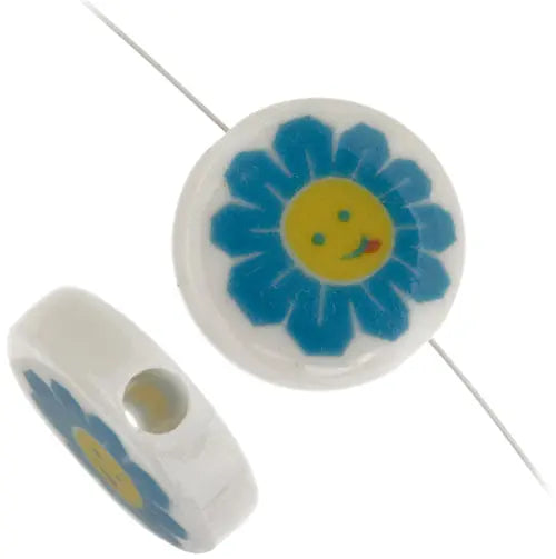 Bead Discs 19mm Happy Face Blue Flower