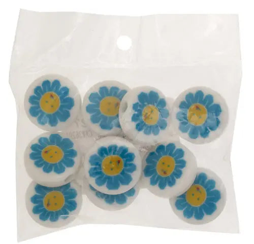 Bead Discs 19mm Happy Face Blue Flower