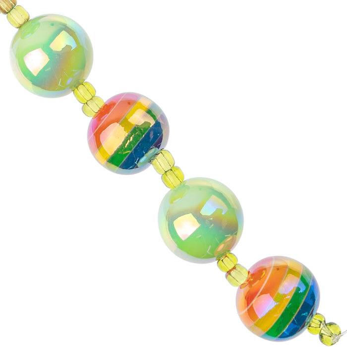 Super Cute Acrylic Bead Round 5in Strand Green/Rainbow