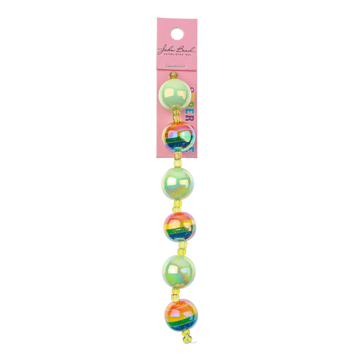 Super Cute Acrylic Bead Round 5in Strand Green/Rainbow