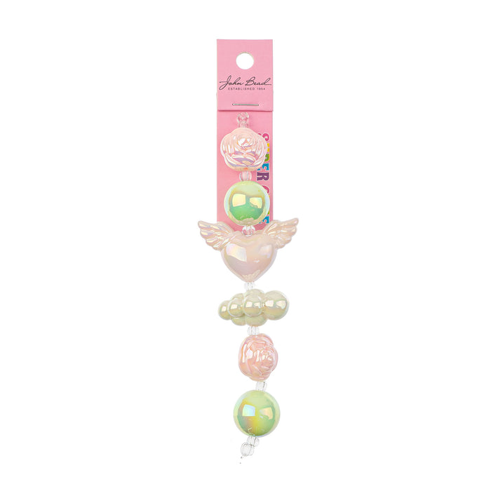 Super Cute Acrylic Bead Cloud/Rose/Heart-wings 5in Strand Light Pink/Light Green