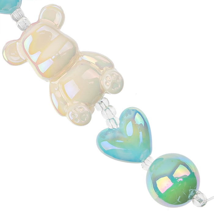 Super Cute Acrylic Bead Bear/Round/Heart 5in Strand Light Blue/Light Green/Cream