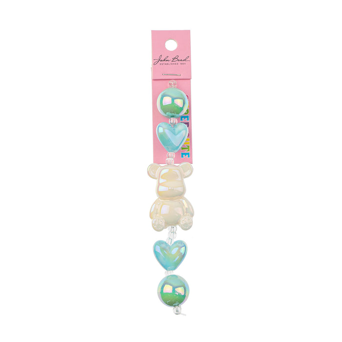 Super Cute Acrylic Bead Bear/Round/Heart 5in Strand Light Blue/Light Green/Cream