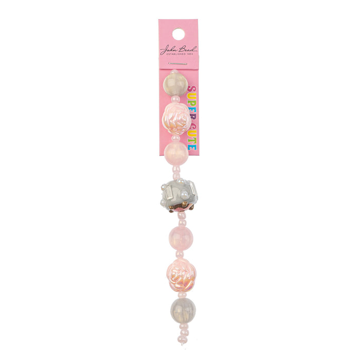 Super Cute Acrylic Bead Round/Rose/Candy 5in Strand Grey/Light Pink