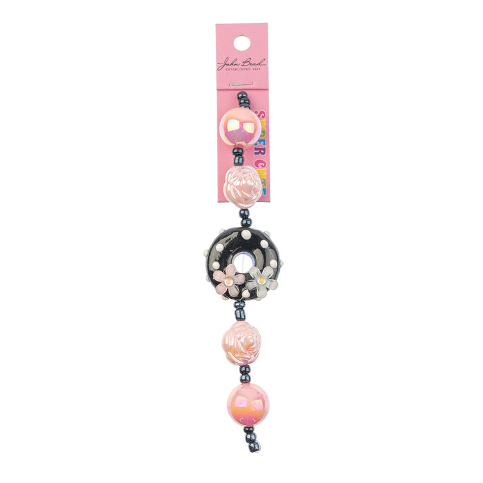 Super Cute Acrylic Bead Roses/Round/Donut 5in Strand Light Pink/Black