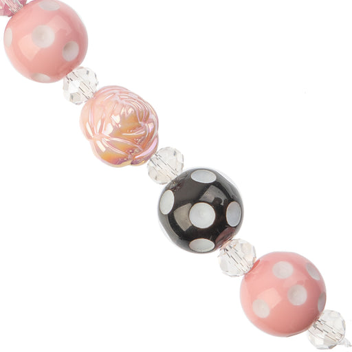 Super Cute Acrylic Bead Roses/Round Polkadot 5in Strand Light Pink/Black