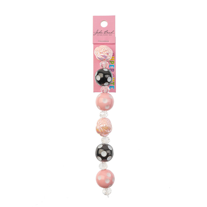 Super Cute Acrylic Bead Roses/Round Polkadot 5in Strand Light Pink/Black