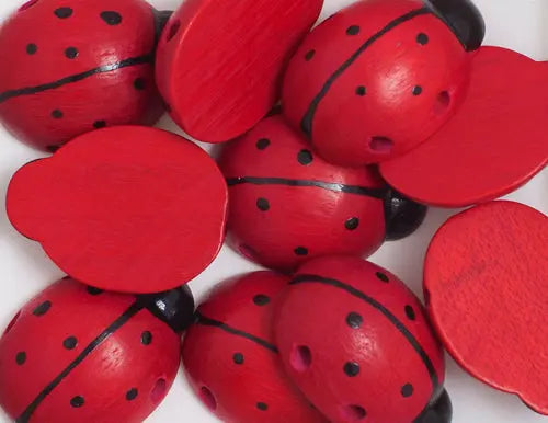 Euro Wood Ladybug Red/Black Dots Beads 2 Side Hole 6.5x14x18mm