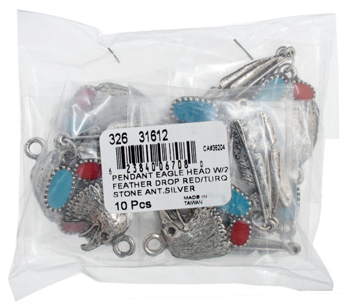 Pendant - Eagle Head With 2 Feather Drop Red/Turq Stone Antique Silver