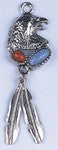 Pendant - Eagle Head With 2 Feather Drop Red/Turq Stone Antique Silver