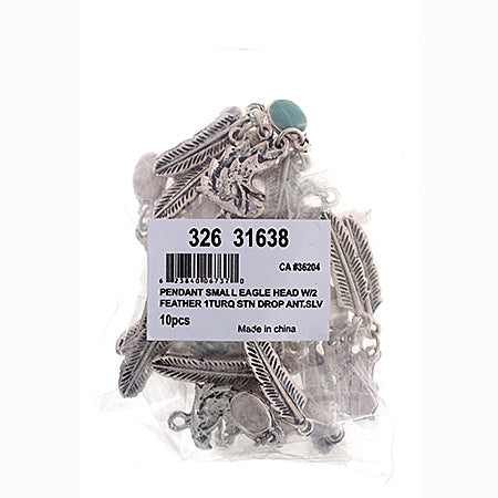 Pendant - Small Eagle Head With 2 Feather 1 Turquoise Stone Drop Antique SIlver