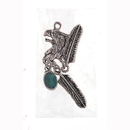 Pendant - Small Eagle Head With 2 Feather 1 Turquoise Stone Drop Antique SIlver