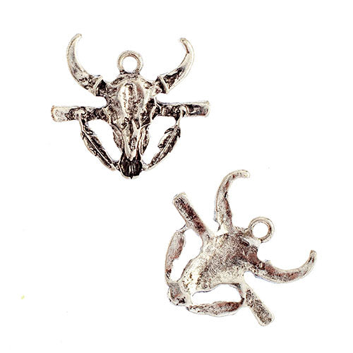 Pendant - Bull's Head With Feathers Antique Silver Lead Free / Nickel Free