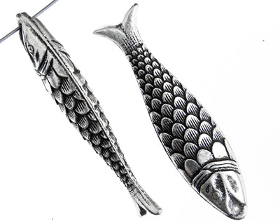 Metalized Pendant W/ Stainless Steel Coating 45x10mm Scaley Fish Antiq ...