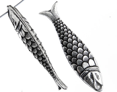 Metalized Pendant W/ Stainless Steel Coating 45x10mm Scaley Fish Antique Silver
