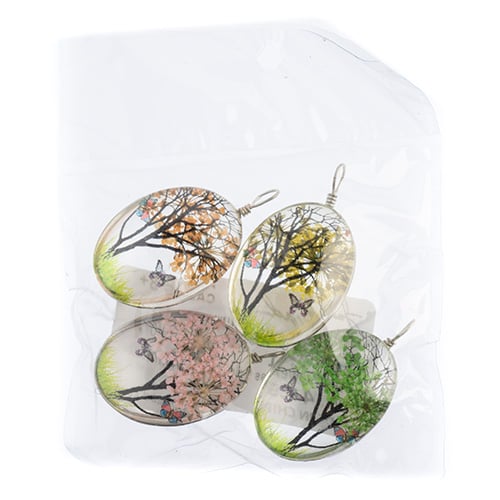 Dried Flower Glass Pendants Assorted Colors 4pcs