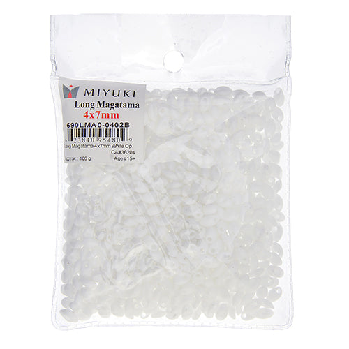 Long Magatama 4x7mm White Opaque - 100g Bag
