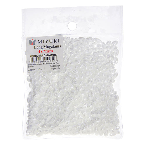 Long Magatama 4x7mm White Opaque Luster - 100g Bag