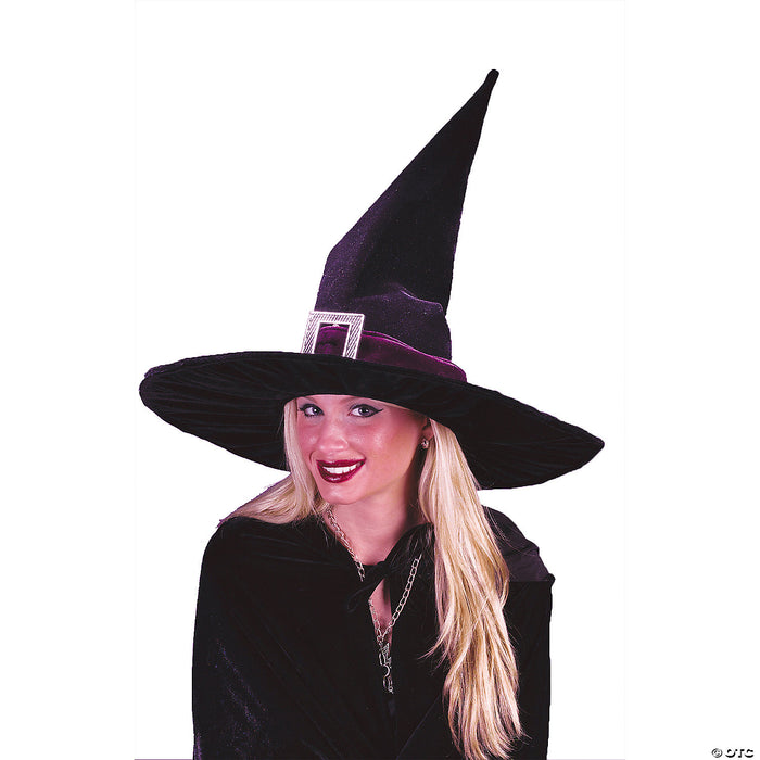 Adults Black Velour Witch Hat with Silver Buckle