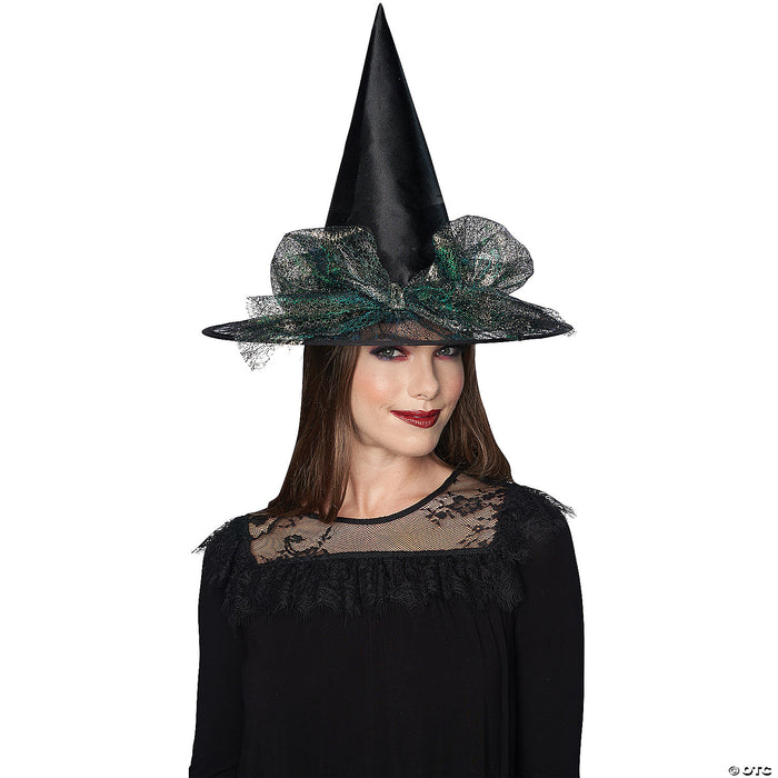 Adults Black Witch Hat with Tulle Bow