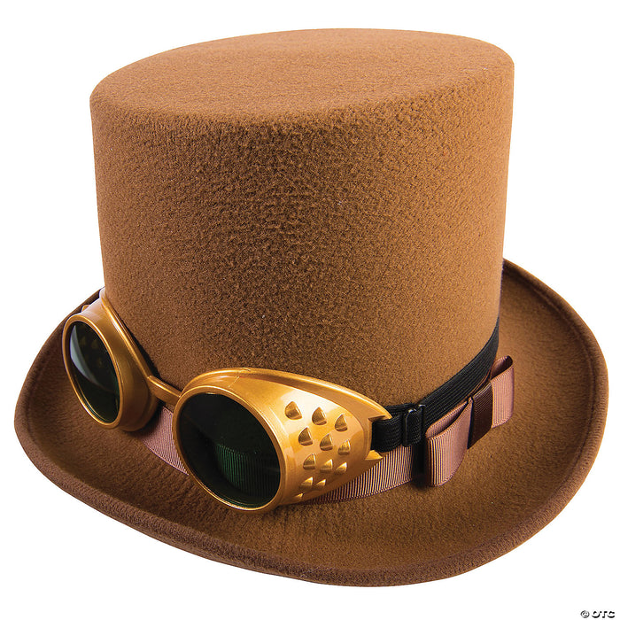 Adults Brown Steampunk Hat with Brown Hatband & Gold Goggles